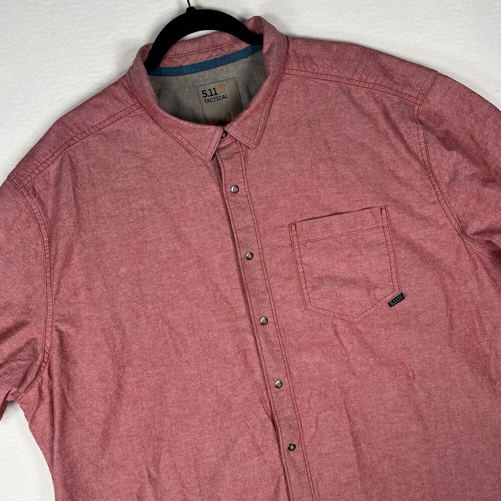 5.11 Tactical Shirt Mens 2XL XXL Pink Red Short Sleeve Button Front Chambray 2XL